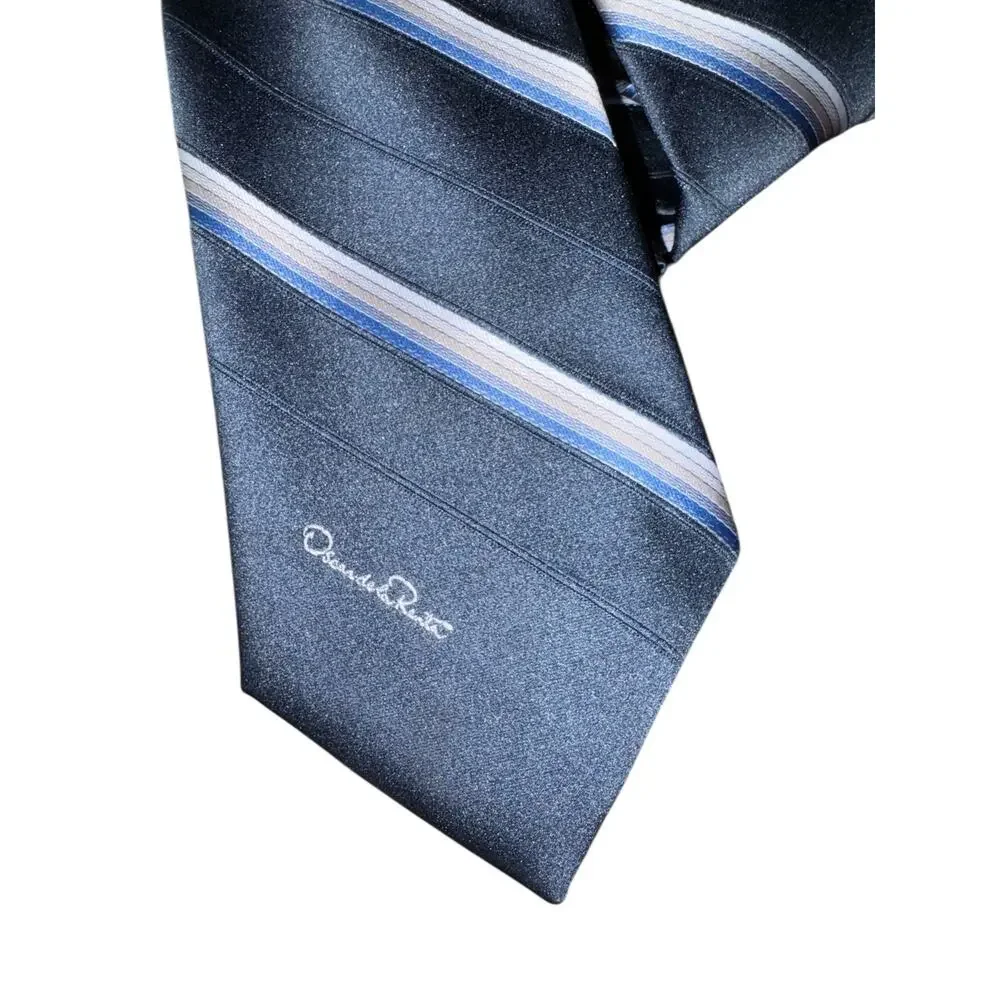 Oscar de la Renta Mens‎ Tie Blue Silver Diagonal Stripe Classic Designer Necktie